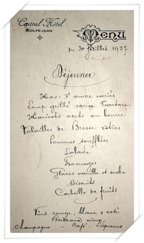 Menu du Central Hôtel en date du 30 juillet 1927