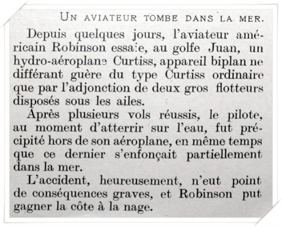 Crash d'un biplan Curstiss en 1912 - article du journal